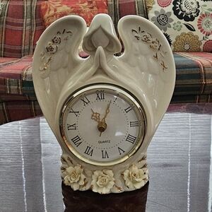 Avon White And Gold Ceramic Praying Angel Tabletop Clock with Floral Accent